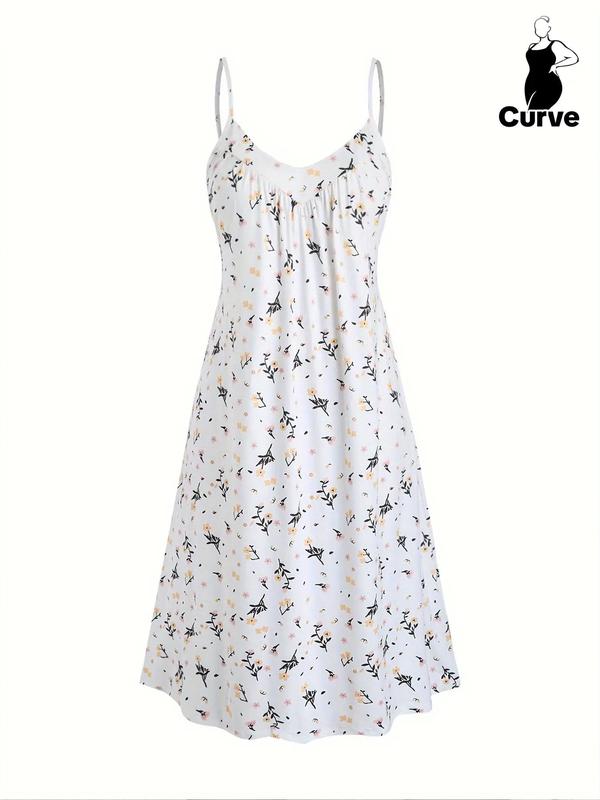 Plus Size Ditsy Floral Print Ruched Cami Nightdress, Casual Comfy Spaghetti Strap Nightgown for Women, Women's Sleepwear for All Seasons